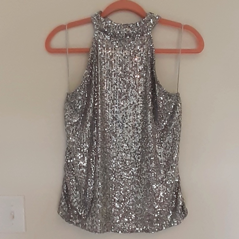 Cable & Gauge Sequin Mock Neck Halter Top